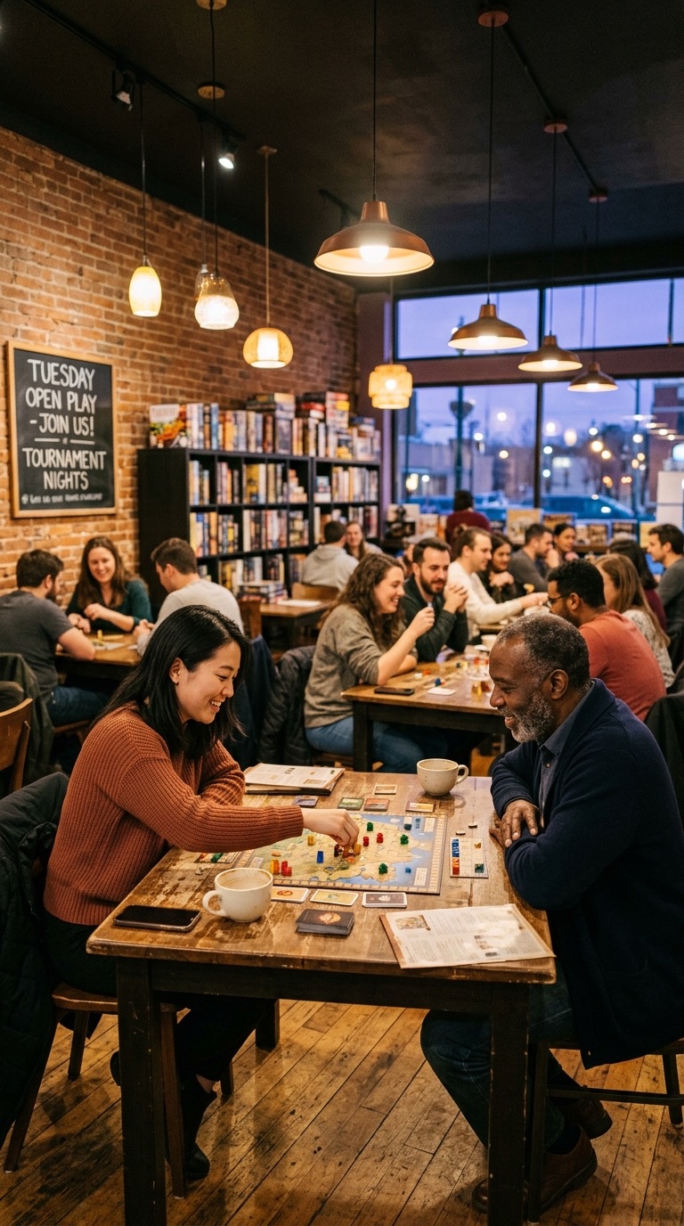 A café with people playing board games at small wooden tables